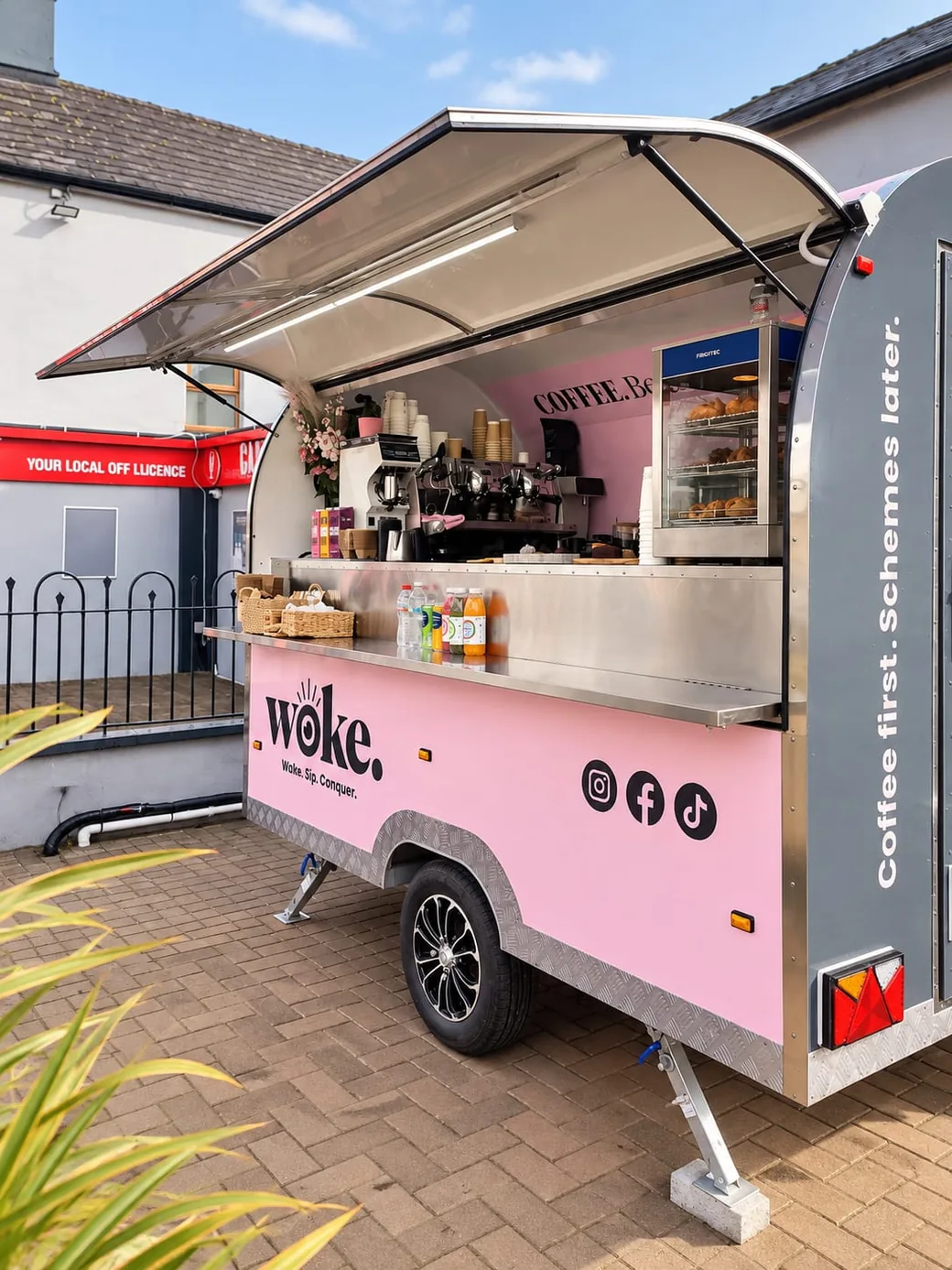The pink Woke coffee trailer with its hatch open at Carry Out, Clonmel